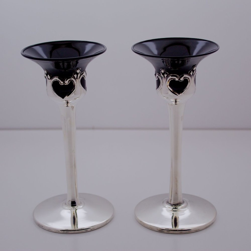 Victorian .925 Sterling Silver Clad with Black Glass Goth Candle Holder